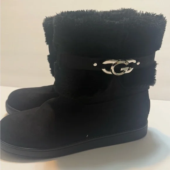 Guess Black Faux-Fur Ankle Winter Boots with Silver Logo Accent - Picture 4 of 5